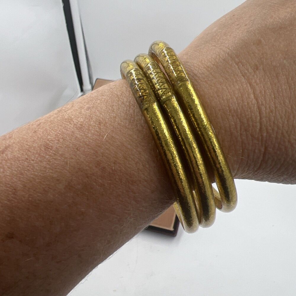 Buddha Girl Bangles Serenity Prayer Stack Gold Bracelets 3 Jelly Size 7.5 Medium